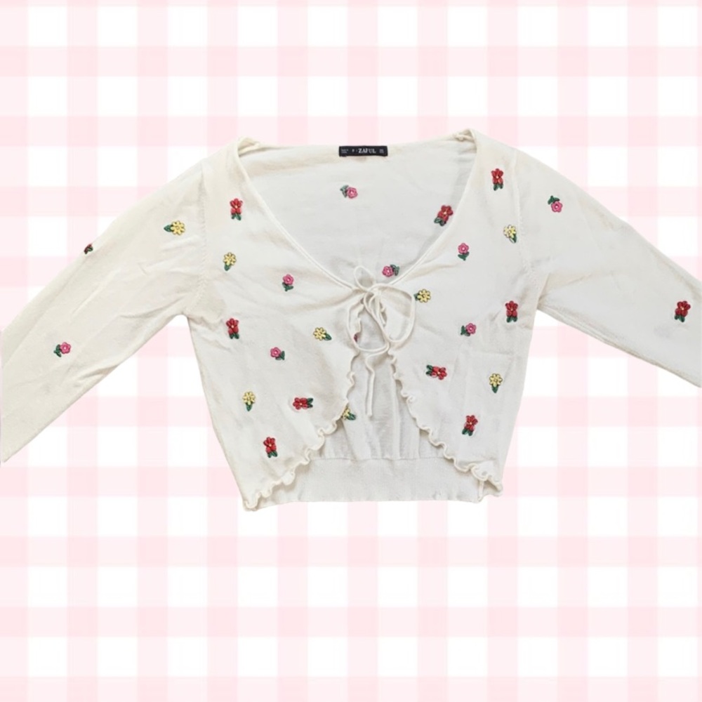Zaful Tie Front Ditsy Flower Embroidered Cardigan